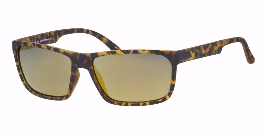 Sunglasses with leopard print frame and gold-tinted lenses on a white background
